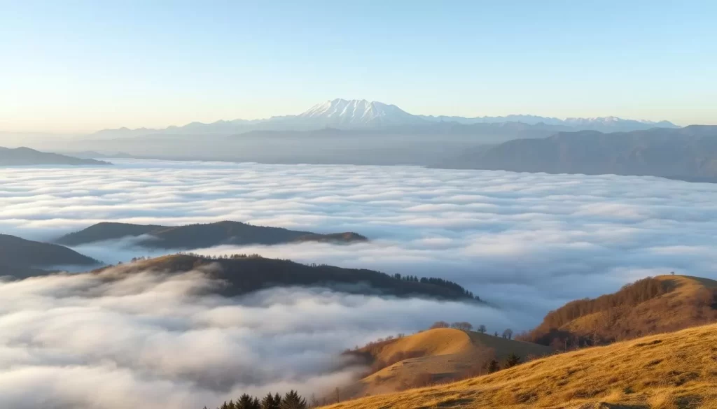 Generate an image of a sea of clouds at Tsubetsu Pass, with rolling hills and mountains in the background.