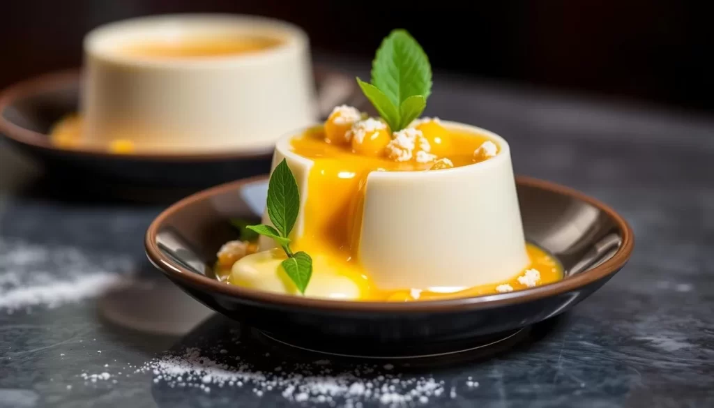 Generate an image of a seasonal dessert at Daisies, such as sweet corn panna cotta