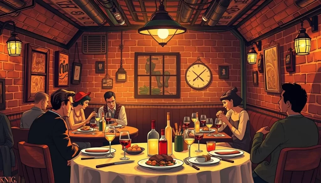 Generate an image of a secret underground supper club in Chicago