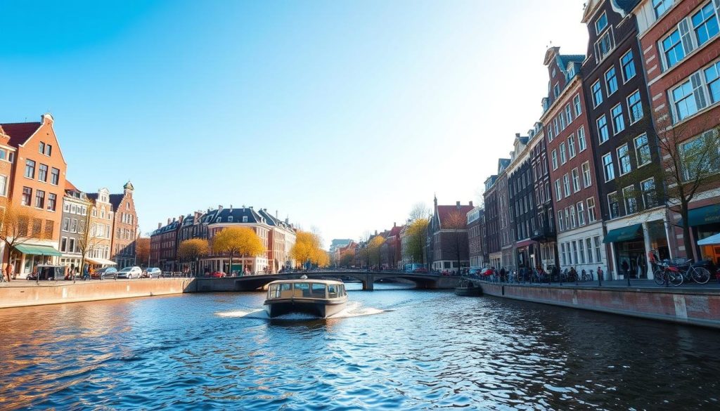 Generate an image of a serene Amsterdam canal with historic buildings and a boat gliding through the water.