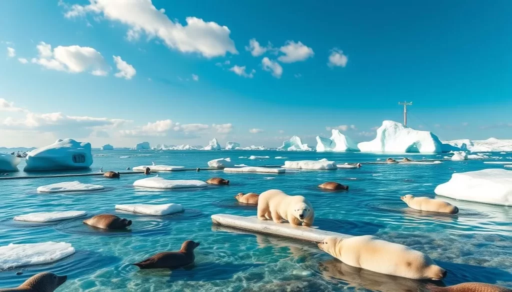 Generate an image of a serene Arctic landscape with crystal-clear waters and diverse wildlife.