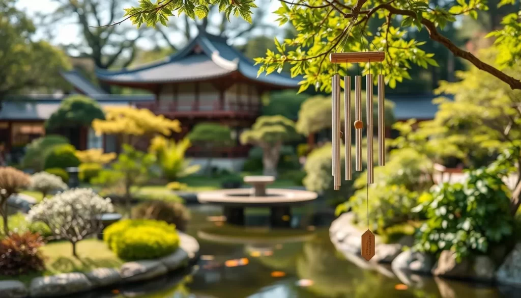 Generate an image of a serene Japanese garden filled with wind chimes, reflecting the tranquility of the Wind Chime Festival in Kanagawa.