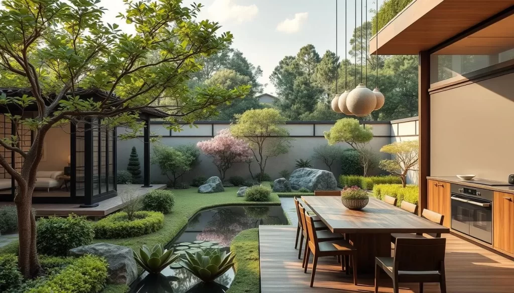 Generate an image of a serene Japanese garden with a subtle hint of a modern dining setting.