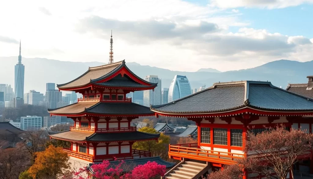 Generate an image of a serene Japanese landscape with traditional temples and modern cityscape in the background.