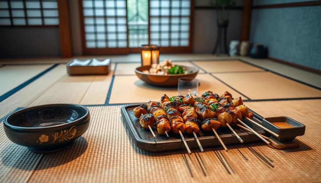 Generate an image of a serene Japanese-style dining area with tatami mats and traditional furniture, with grilled yakitori skewers being served.