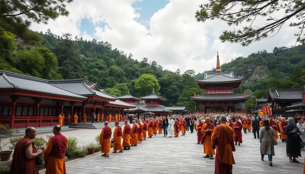 Generate an image of a serene Koyasan landscape during a spiritual festival, with monks and visitors participating in traditional Buddhist rituals.