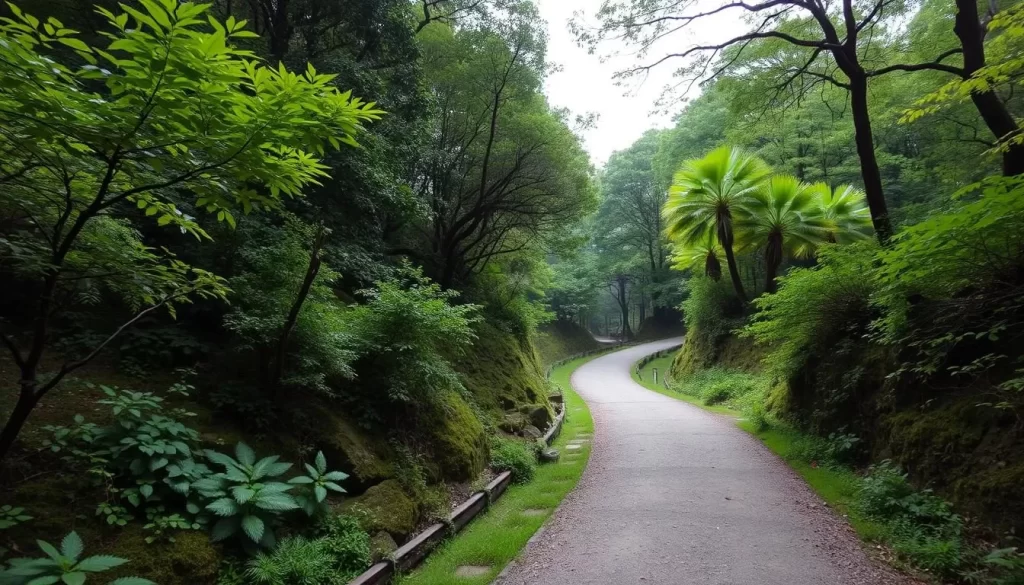 Generate an image of a serene Kumano Kodo trail section.