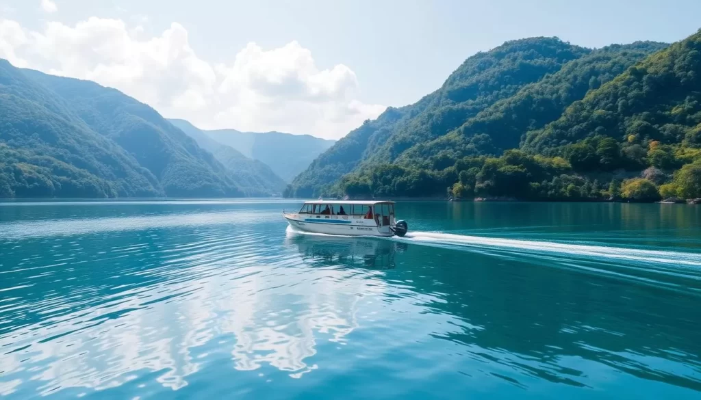 Generate an image of a serene Lake Tazawa with a sightseeing boat cruising on its crystal-clear waters.