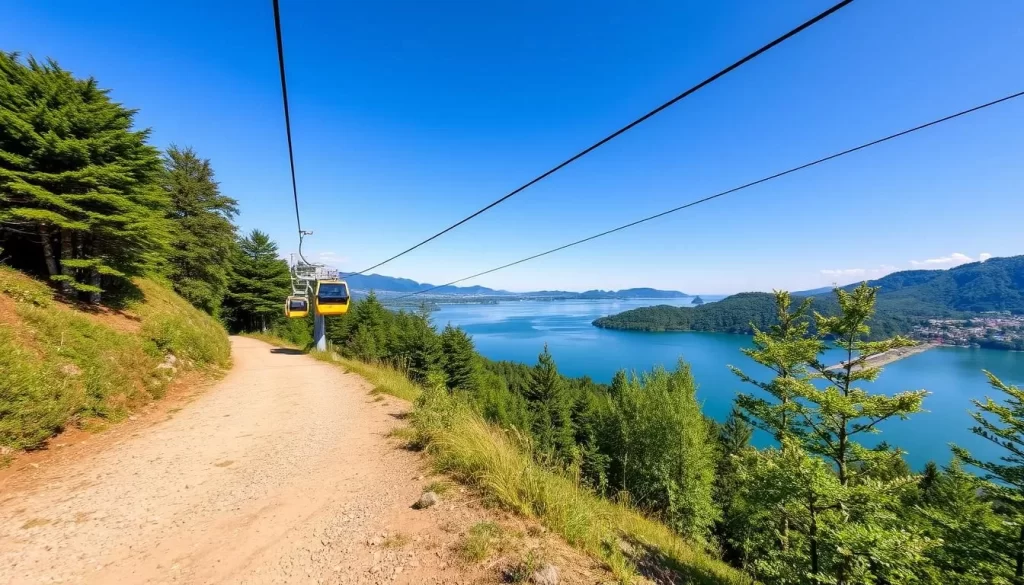Generate an image of a serene Lake Toya with the Usuzan Ropeway in the background.