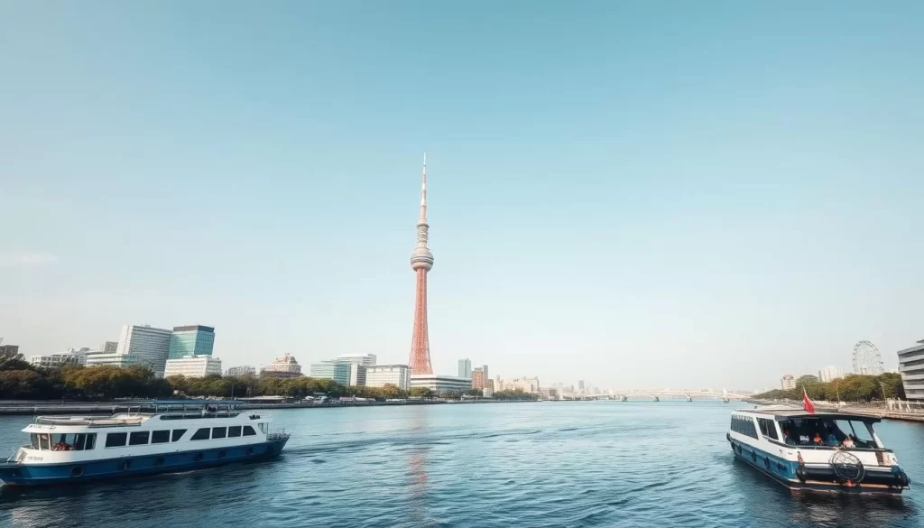 Generate an image of a serene Sumida River cruise in Tokyo, with Tokyo Skytree in the background.