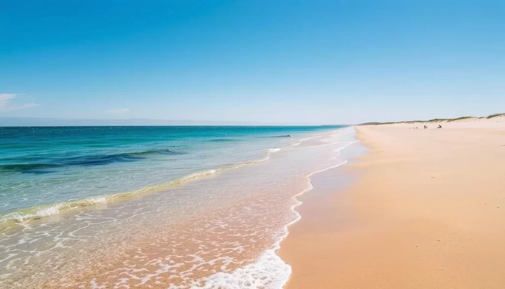 Generate an image of a serene beach along the North Cape Coastal Drive, with golden sands and crystal-clear waters.