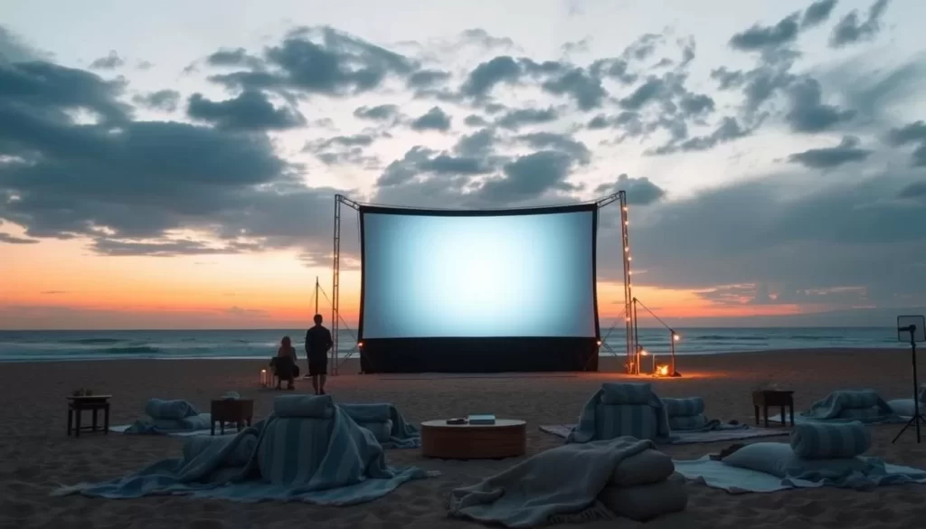 Generate an image of a serene beach at dusk with a large screen set up for an outdoor movie screening.