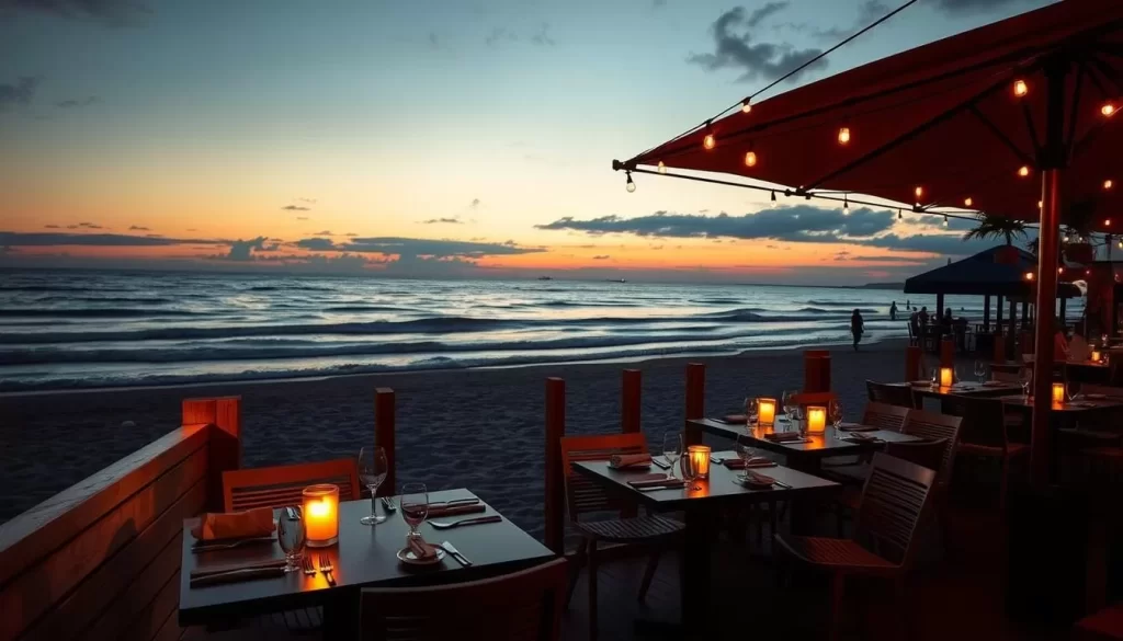 Generate an image of a serene beachside steakhouse with a warm ambiance.