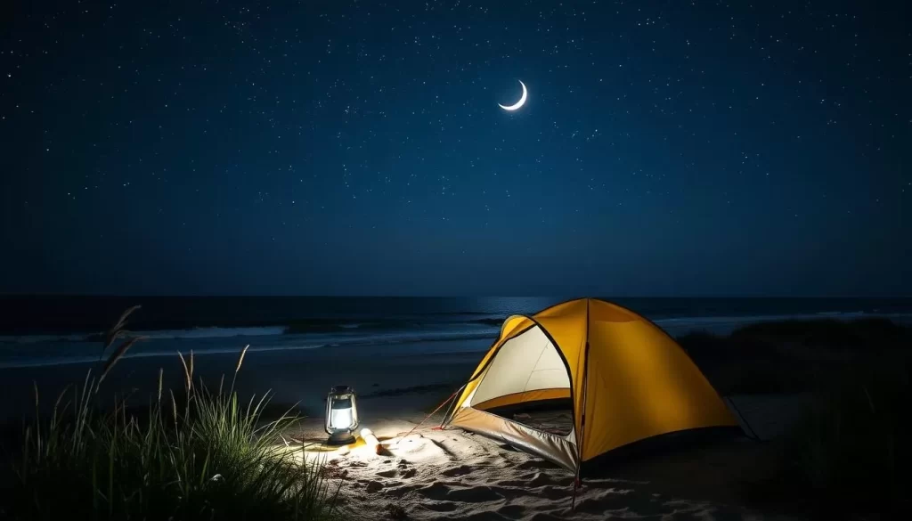 Generate an image of a serene camping site at Cape Hatteras National Seashore under a starry night sky.