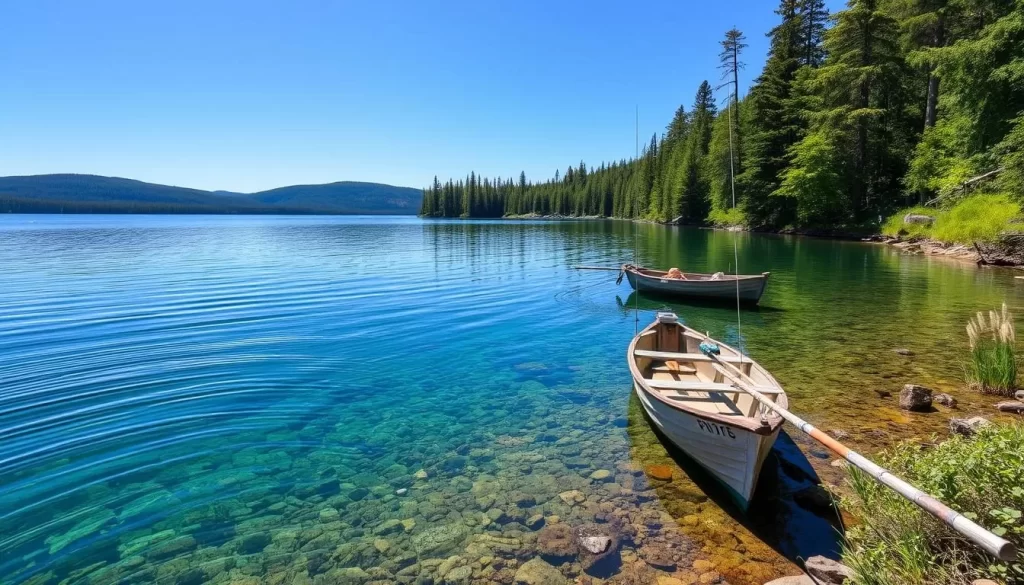 Generate an image of a serene fishing scene at Hidden Lake Territorial Park, with crystal-clear waters and surrounding wilderness.
