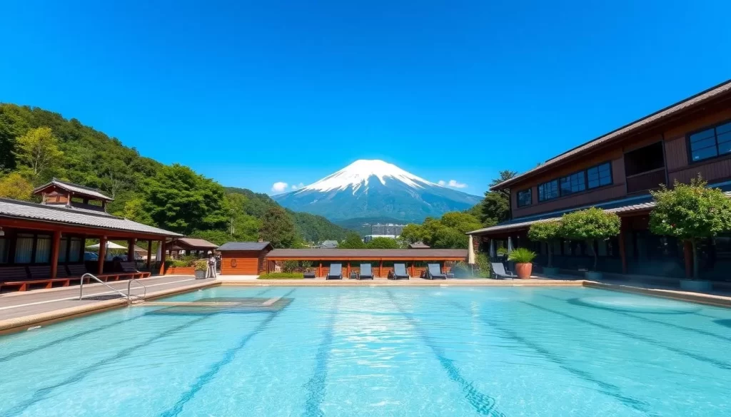 Generate an image of a serene hot spring resort in Hakone with Mount Fuji in the background.
