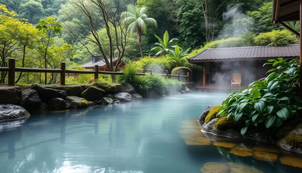Generate an image of a serene hot spring setting in Misasa Onsen, Tottori Prefecture.