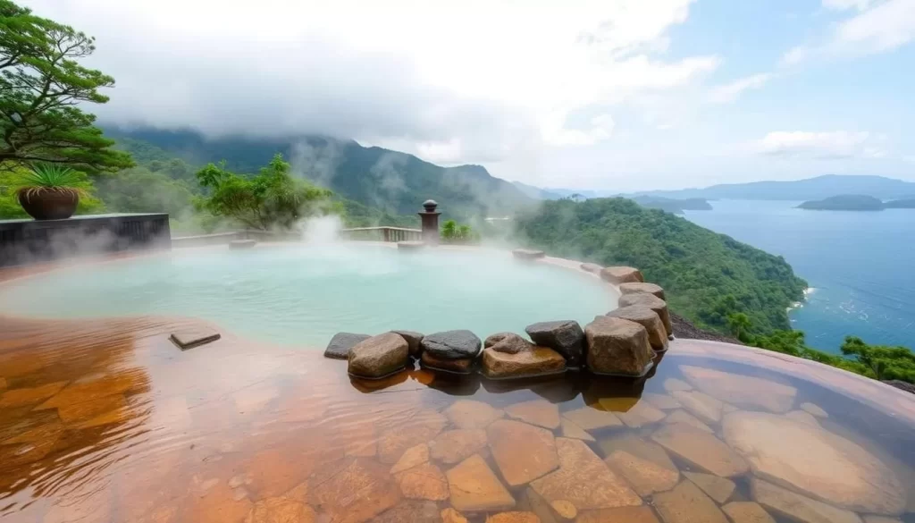 Generate an image of a serene hot spring setting on Shimoshima Island, with natural surroundings and a tranquil atmosphere.
