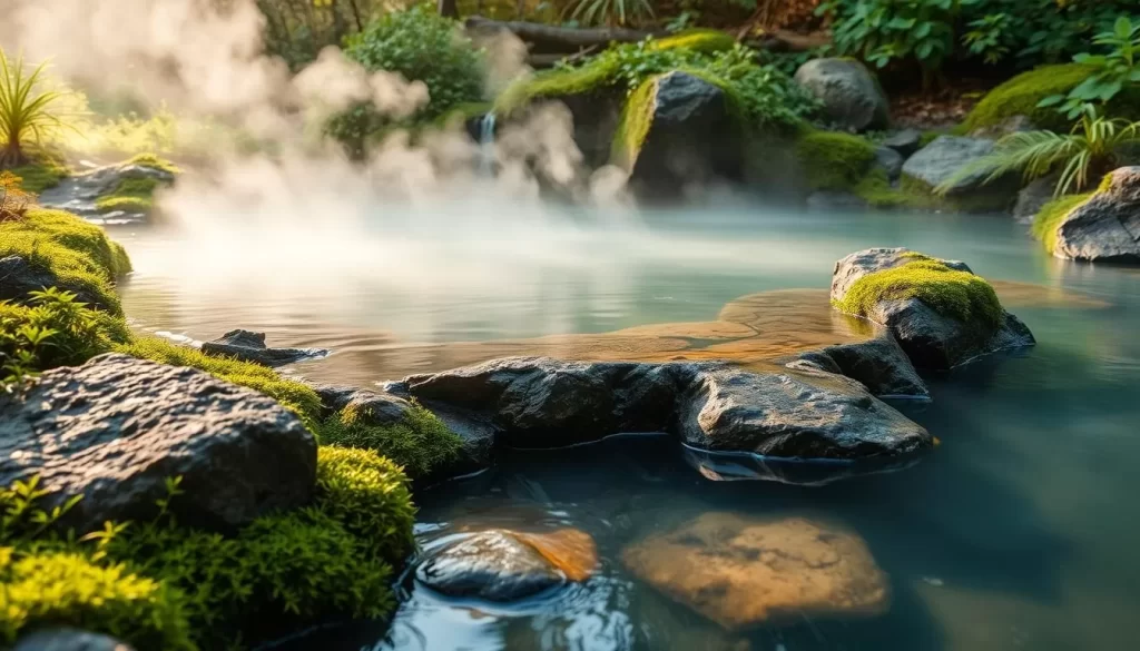 Generate an image of a serene hot spring setting with natural surroundings.