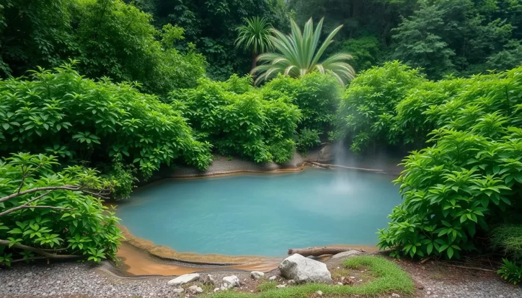 Generate an image of a serene hot spring surrounded by lush greenery.