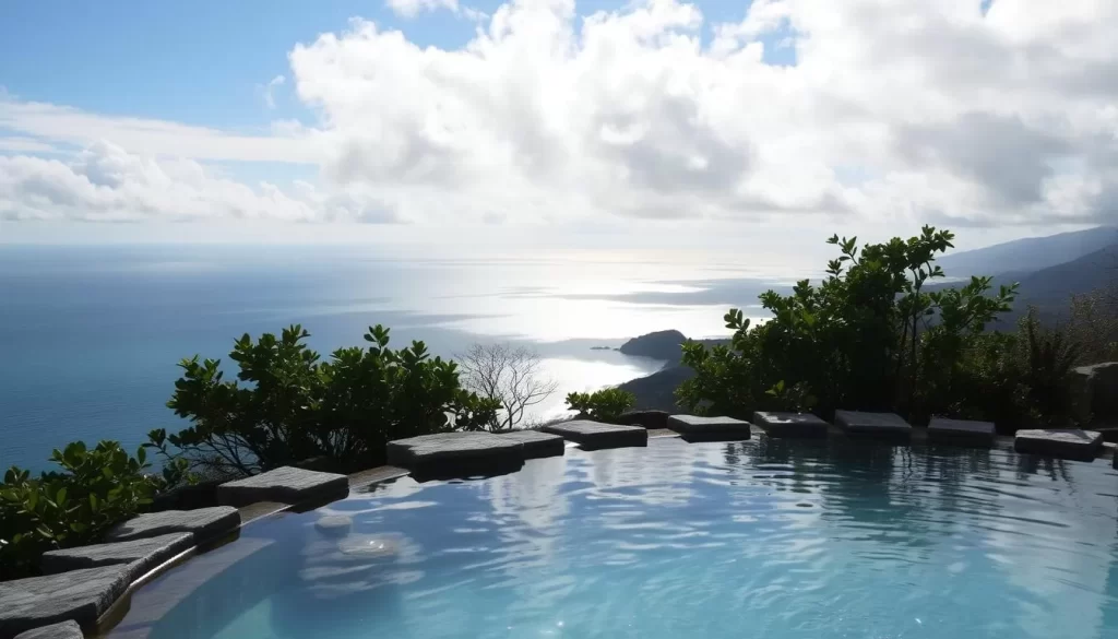 Generate an image of a serene hot spring with ocean views