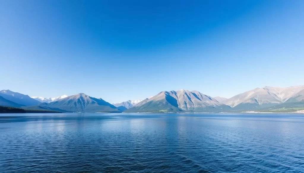 Generate an image of a serene lake in Carcross with the surrounding mountains.