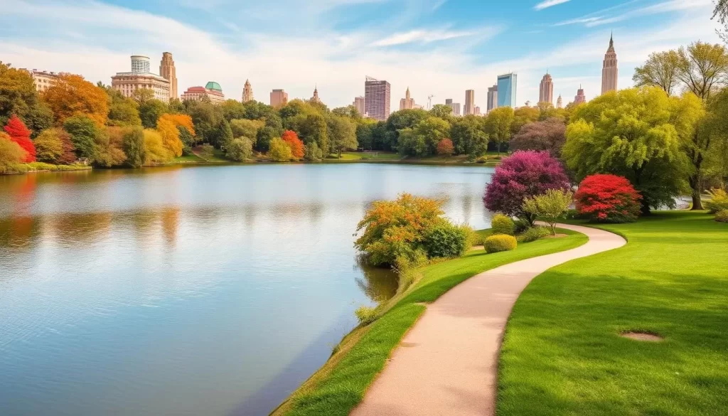 Generate an image of a serene lake in Central Park with a walking path and lush greenery.