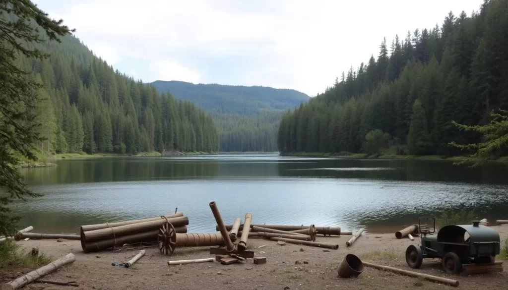 Generate an image of a serene lake surrounded by dense woods, with remnants of old logging equipment visible on the shore.