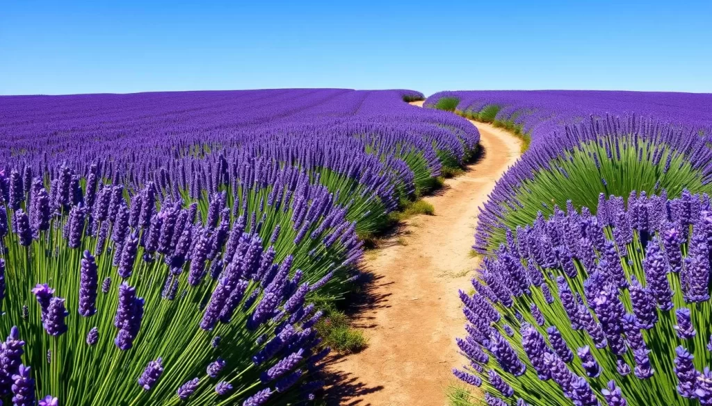 Generate an image of a serene lavender field on San Juan Island with a walking path.