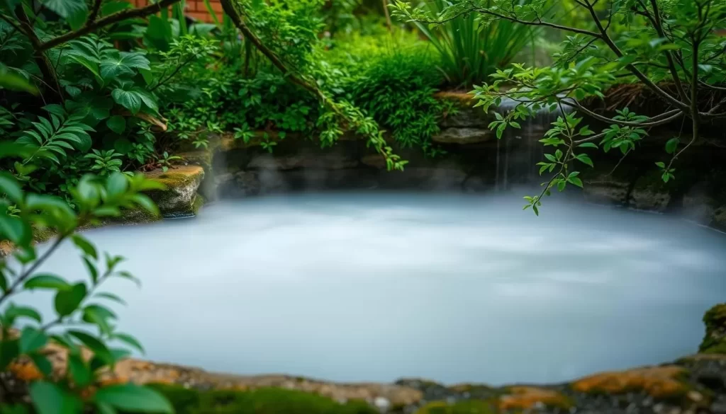 Generate an image of a serene milky hot spring surrounded by nature