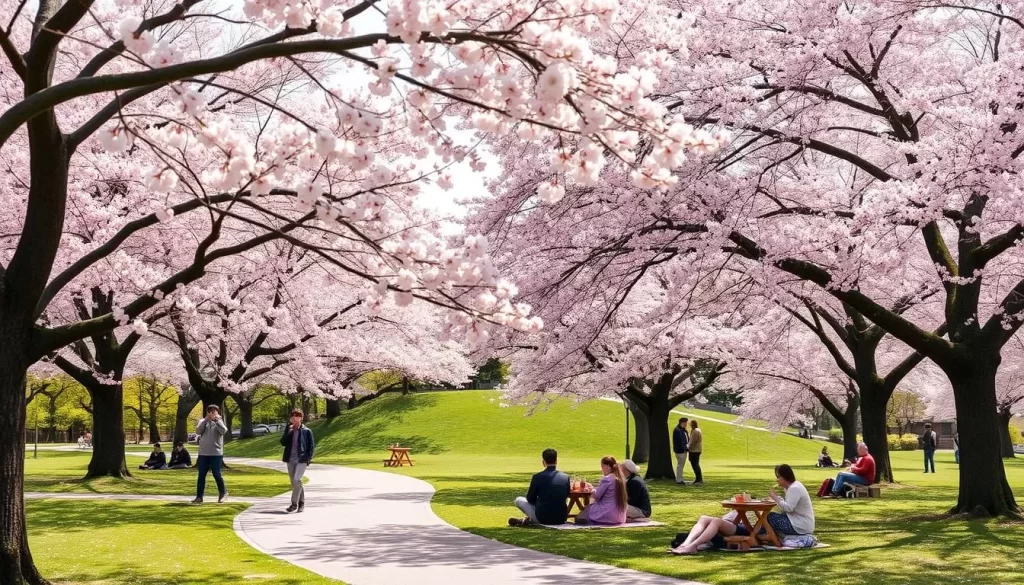 Generate an image of a serene park in Saga Prefecture filled with blooming cherry blossoms and people enjoying hanami.