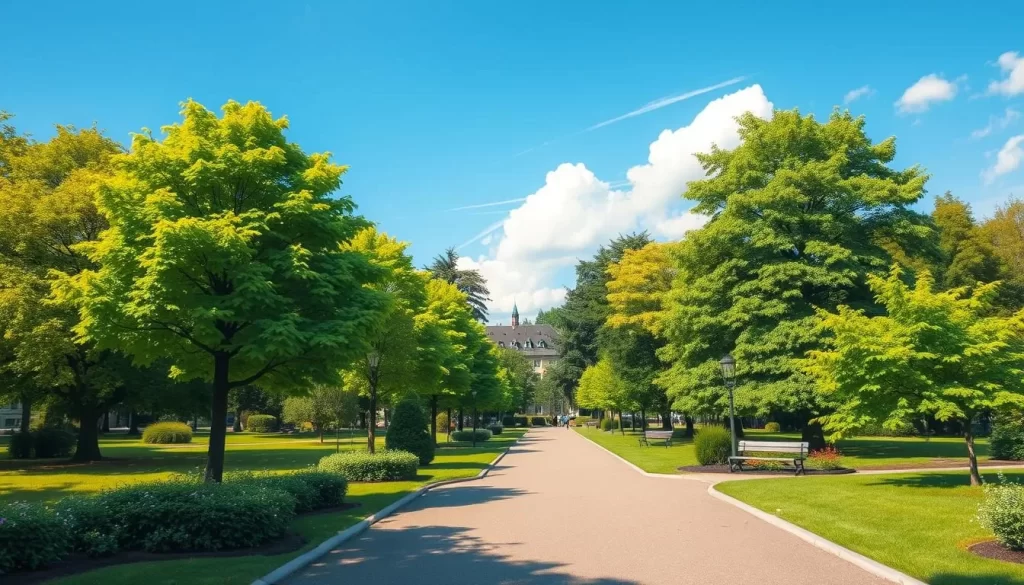 Generate an image of a serene park in Stockholm with lush greenery and a tranquil atmosphere.
