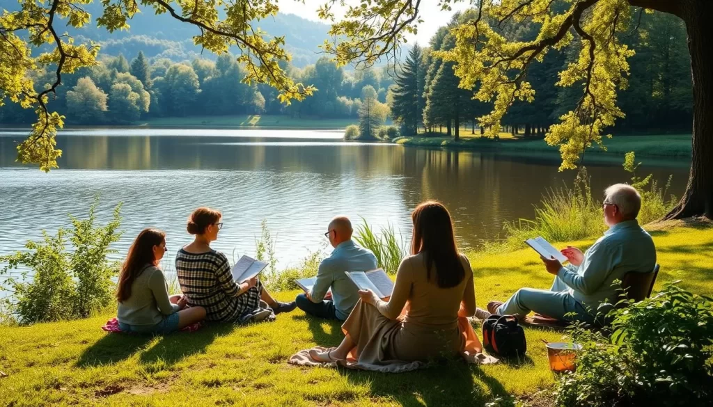 Generate an image of a serene poetry reading session by a lake, with participants seated in a picturesque setting.