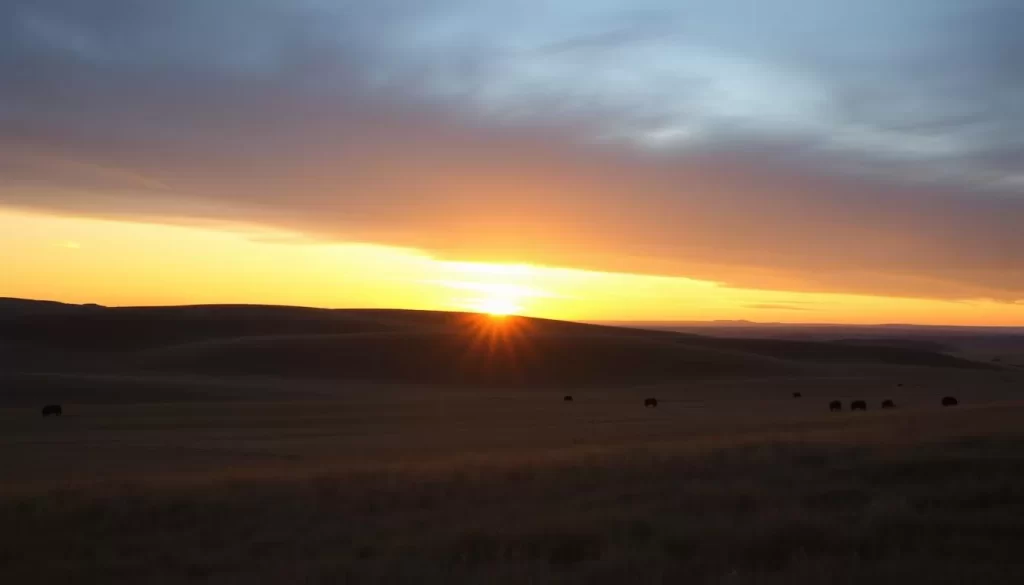 Generate an image of a serene prairie landscape at sunset, with rolling hills and a few grazing bison in the distance.