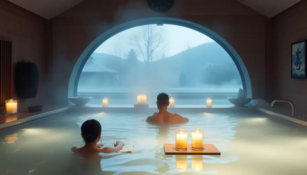 Generate an image of a serene sake bath experience at Niigata Station.