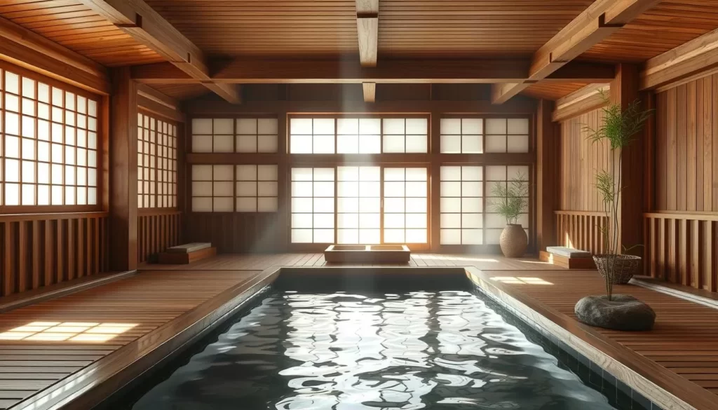 Generate an image of a serene traditional Japanese bathhouse interior.