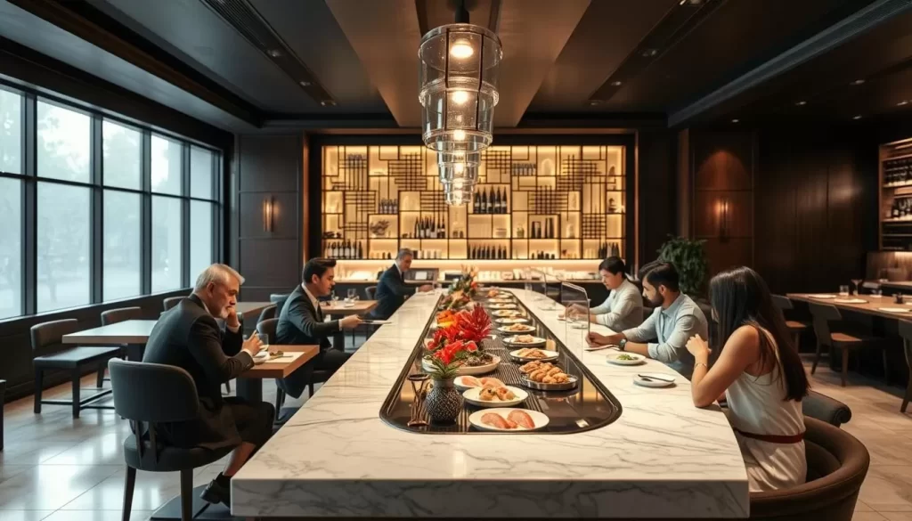 Generate an image of a serene, upscale sushi counter with guests seated around it, enjoying their meal amidst a sophisticated ambiance.