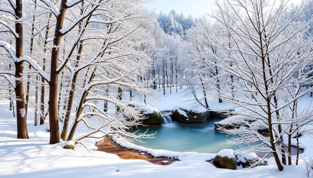 Generate an image of a serene winter landscape in Gunma Prefecture with snow-covered trees and a hot spring in the background.