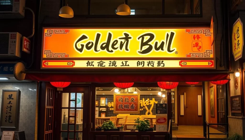 Generate an image of a simple, cozy Chinese restaurant with a sign reading "Golden Bull".