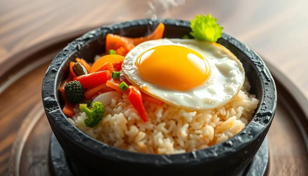 Generate an image of a sizzling stone bowl of bibimbap