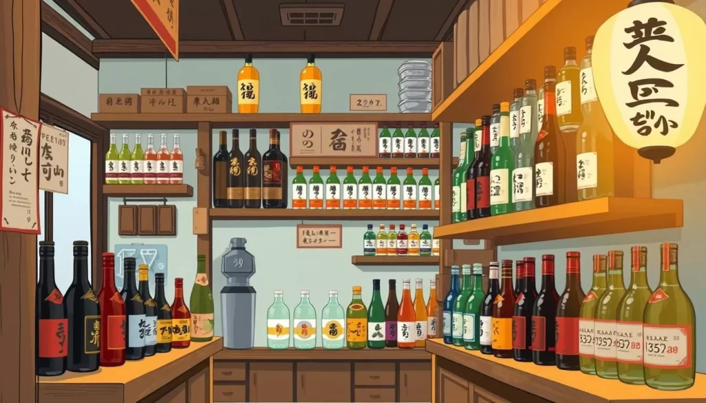 Generate an image of a small, traditional Japanese liquor store with a variety of sake and other beverages on the shelves.