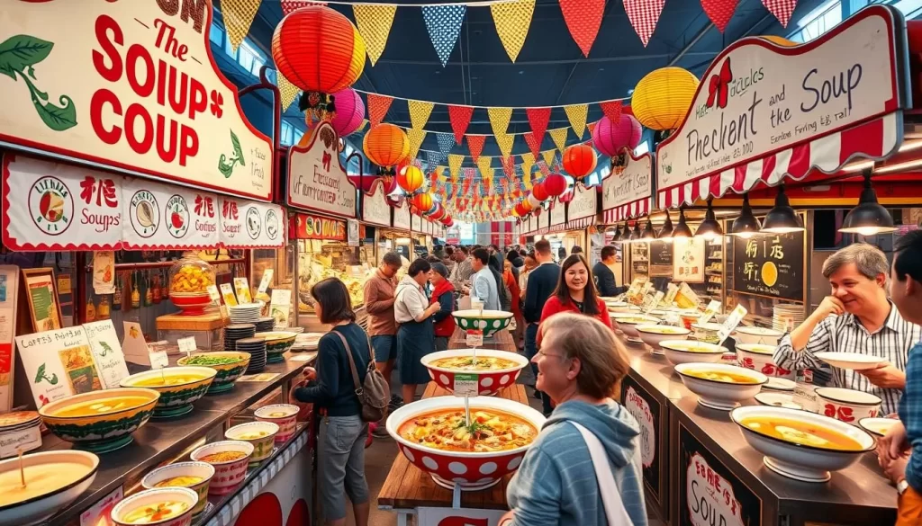 Generate an image of a soup festival with various stalls serving different types of soups.