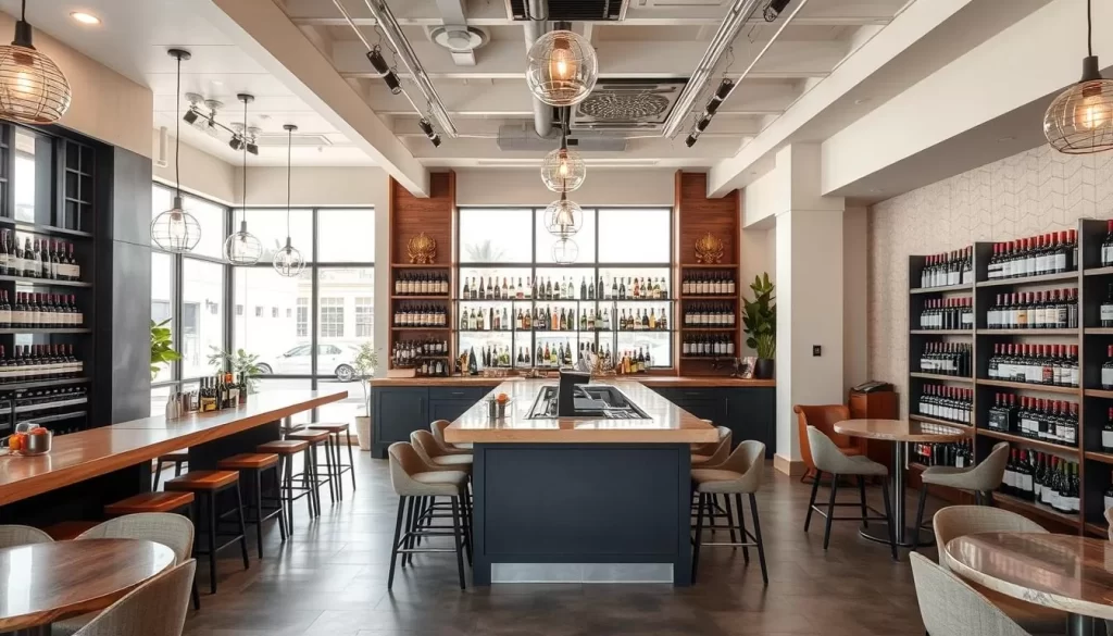 Generate an image of a spacious wine bar in the Arts District, LA, with a modern design and an extensive wine selection.