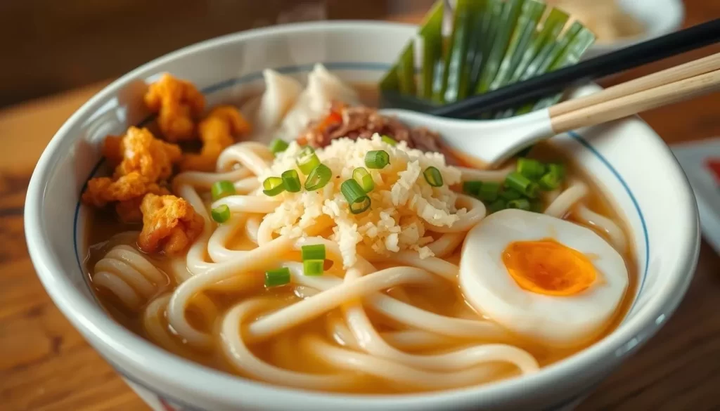 Generate an image of a steaming bowl of Sanuki udon, served with traditional toppings.