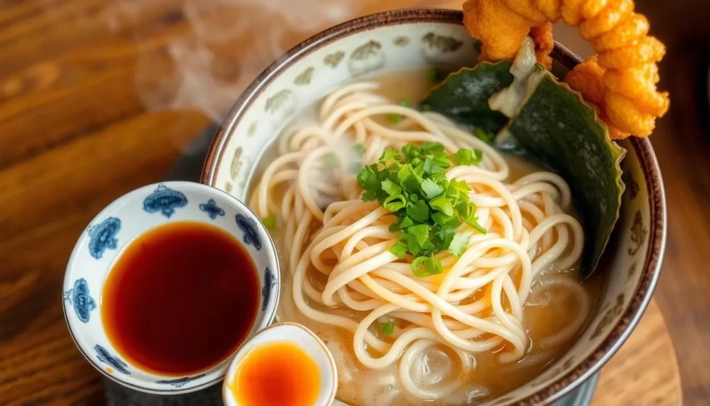 Generate an image of a steaming bowl of Sanuki udon with a side of dipping sauce and tempura.