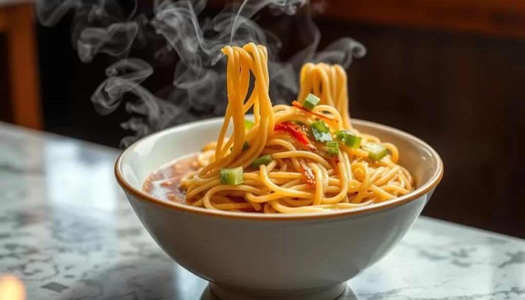 Generate an image of a steaming bowl of hand-pulled noodles at Slurp Slurp Noodles.