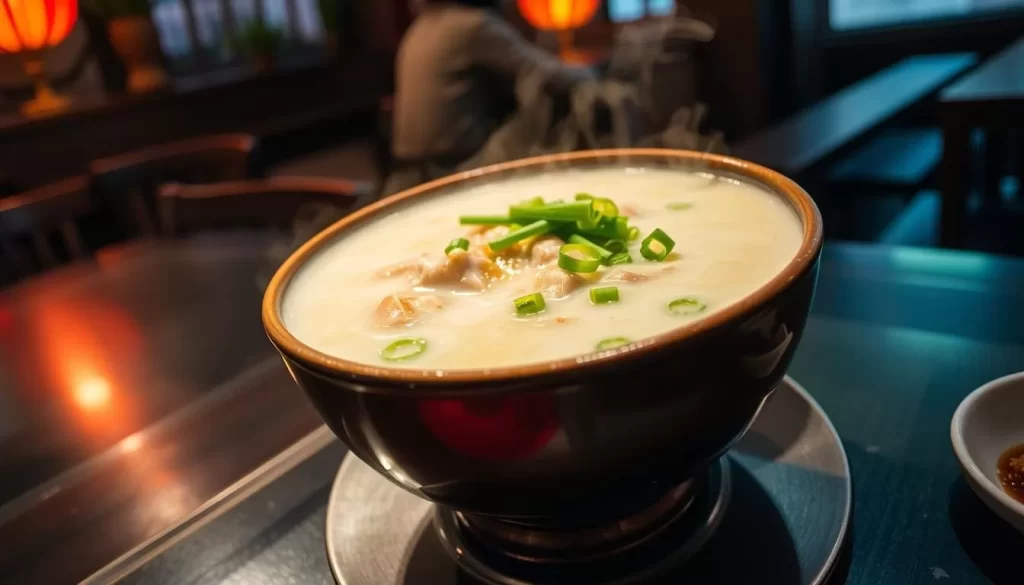 Generate an image of a steaming bowl of milky-white ox bone soup at Han Bat Sul Lung Tang.