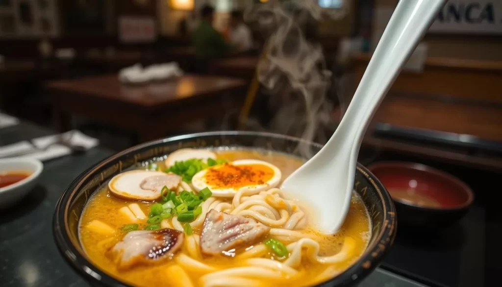 Generate an image of a steaming bowl of tonkotsu ramen from Chuka Soba Aoba Nakano, with a rich, creamy broth and perfectly cooked noodles.