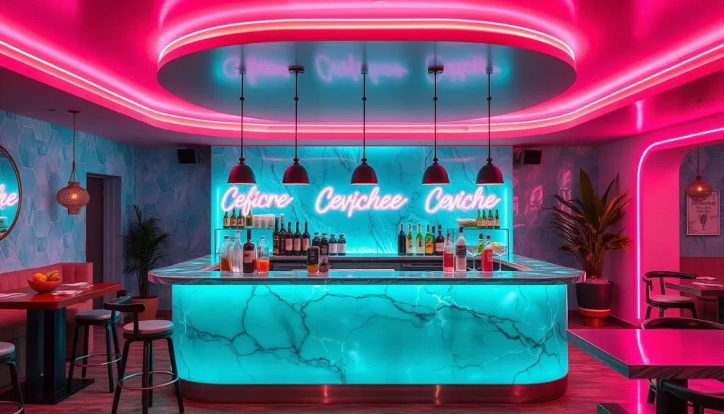 Generate an image of a stylish, modern cevicheria with a turquoise-quartz ceviche bar and pink neon lighting.