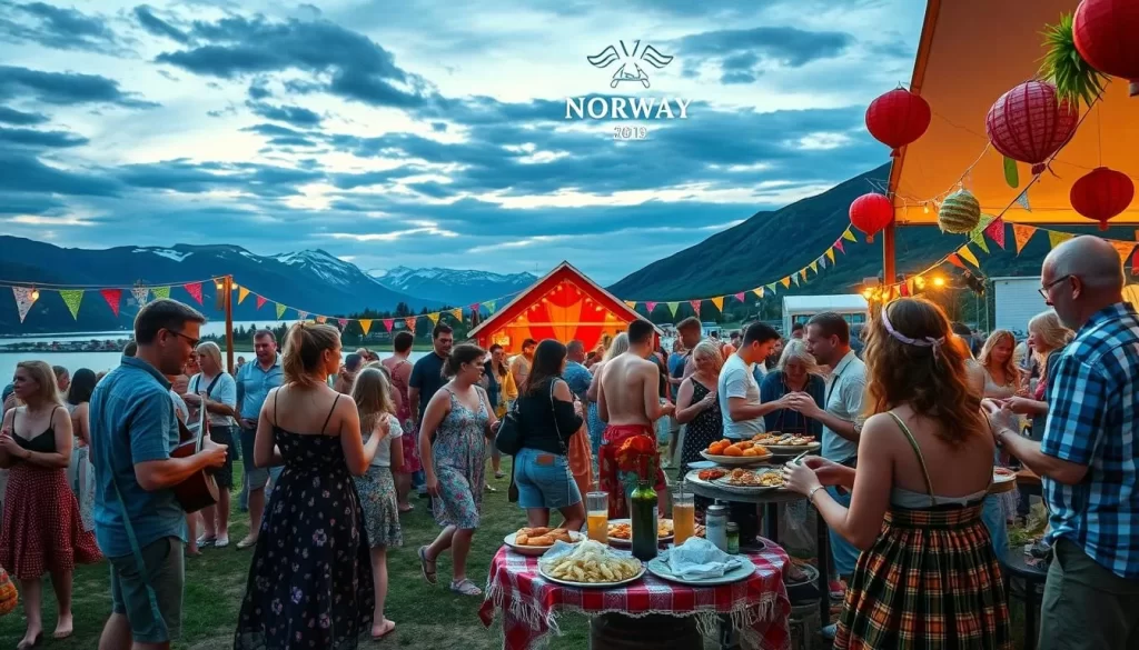 Generate an image of a summer festival in Norway under the midnight sun, with people enjoying outdoor activities and music.